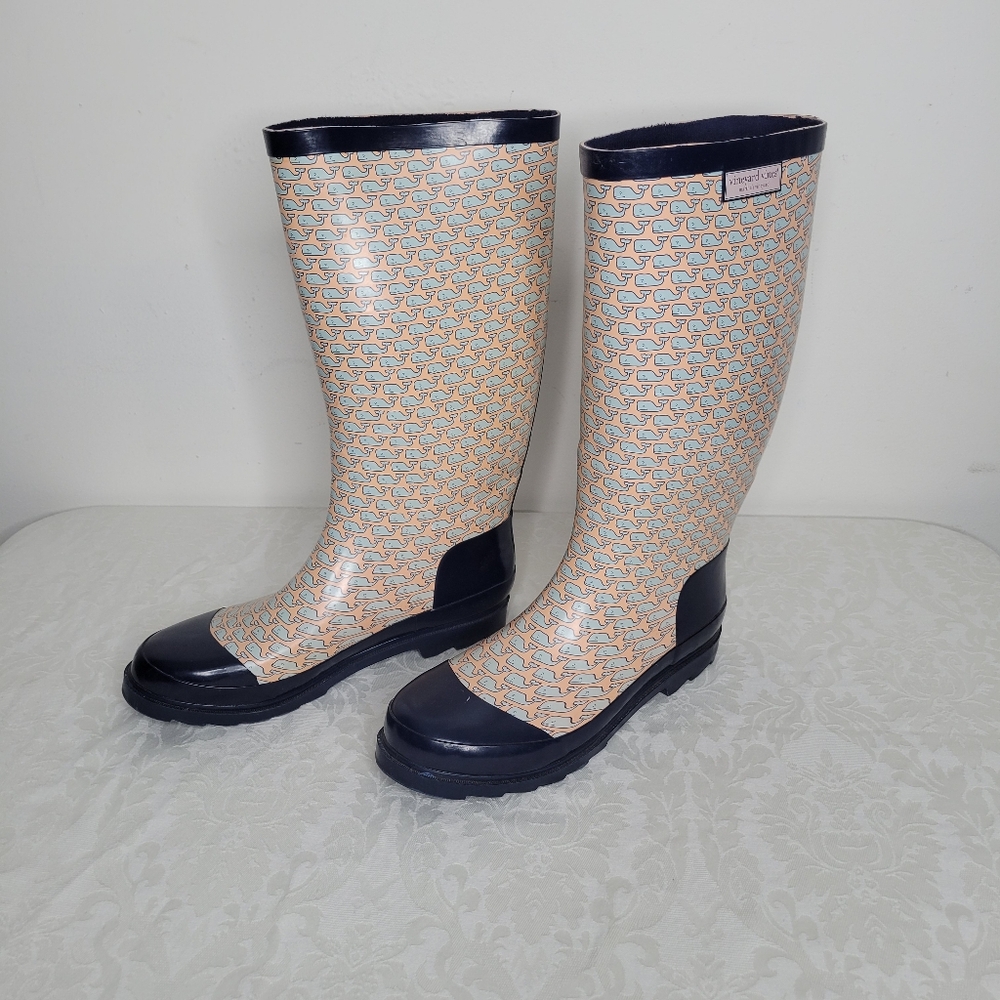 Vineyard Vines Multicolored Whale Print Knee High Rain Boots Size 9